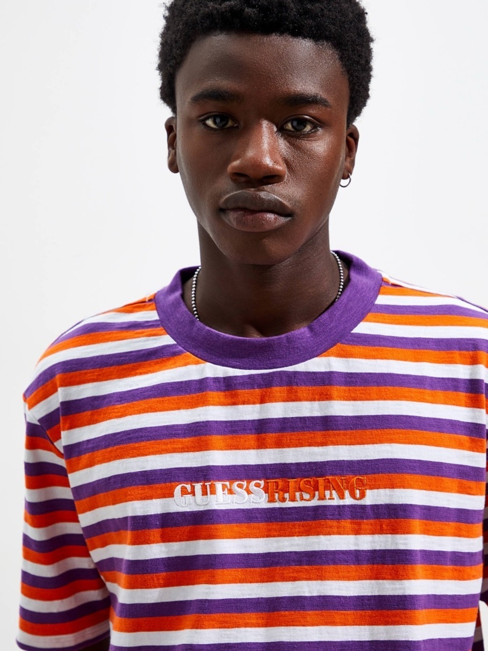 New GUESS ORIGINALS Purple Orange White Striped Short Sleeve Tee SZ L - Picture 3 of 9